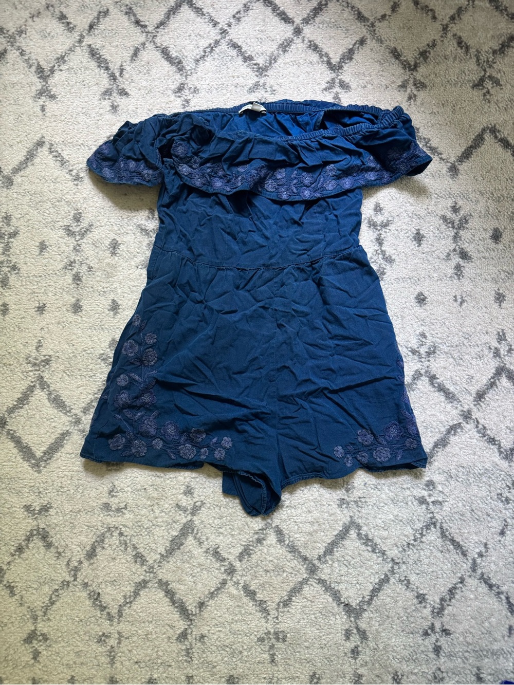 American Eagle Outfitters Off-Shoulder Navy Romper with Floral Trim